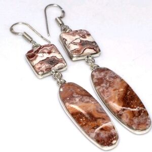 Mexican Laguna Lace Agate Gemstone 925 Sterling Silver Drop Dangle Earrings